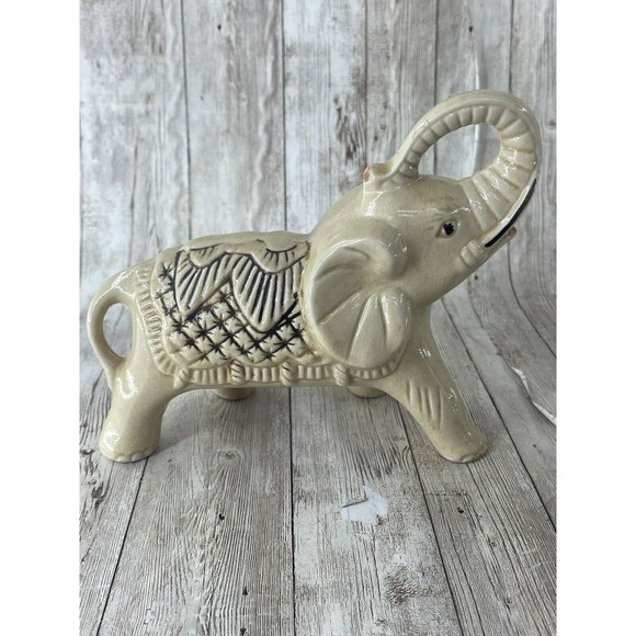 7” Elephant w/ Tusk Up Ceramic Statue Made in Brazil Figurine White - Picture 6 of 11